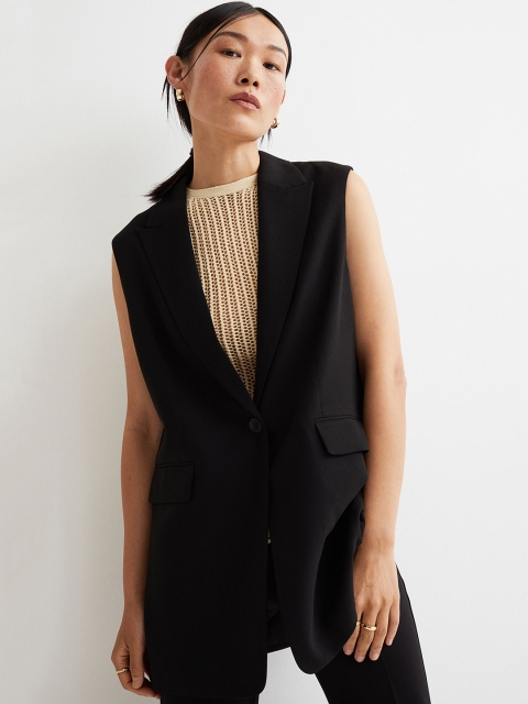 

H&M Women Black Solid Notched Lapel Sleeveless jacket