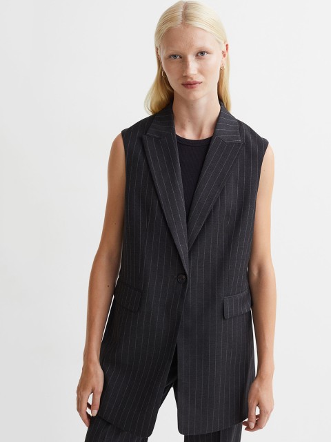 

H&M Women Grey Solid Notched Lapel Sleeveless Jacket