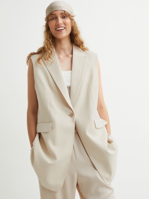 

H&M Women White Solid Notched Lapel Sleeveless Jacket