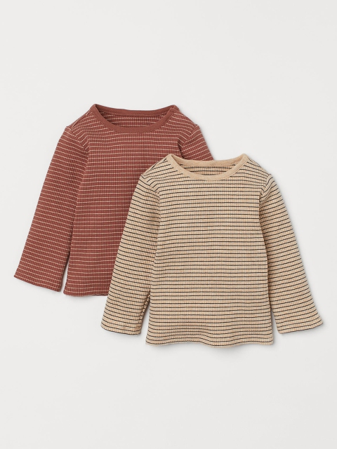

H&M Girls Striped 2-Pack Ribbed Tops, Beige