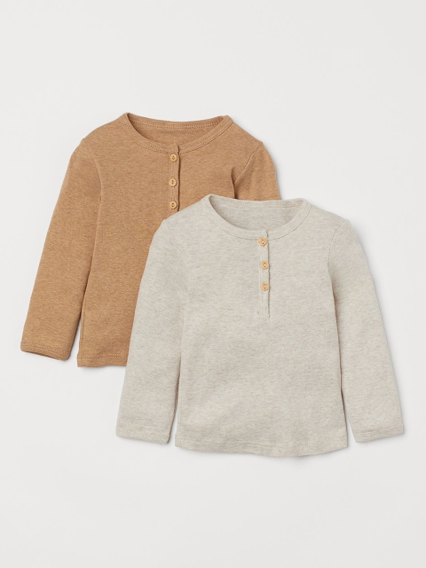 

H&M Girls Beige Solid 2-Pack Cotton Henley Tops