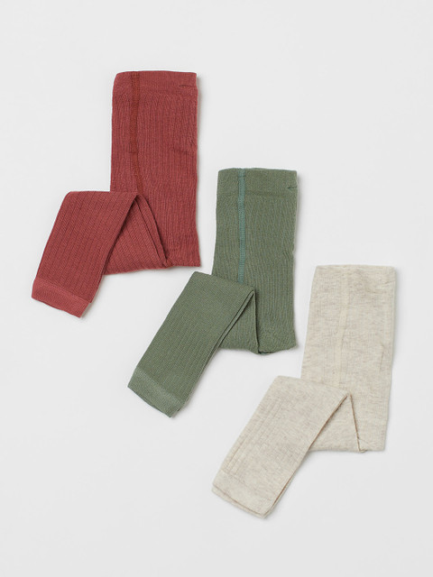 

H&M Woman Green Red Beige 3-pack ribbed leggings