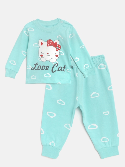 

TINYO Infant Boys Sea Green & White Typography & Cat Print Cotton T-shirt & Joggers