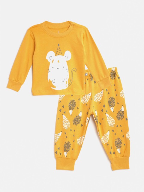

TINYO Infant Girls Mustard Yellow & Charcoal Grey Pure Cotton Printed T-shirt with Joggers