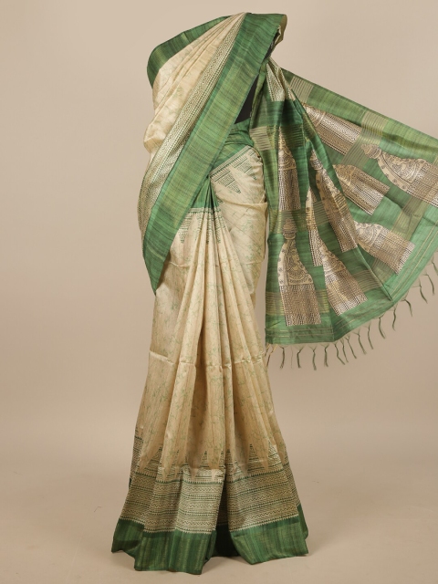 

Pothys Cream-Coloured Ethnic Motifs Printed Jute Silk Saree