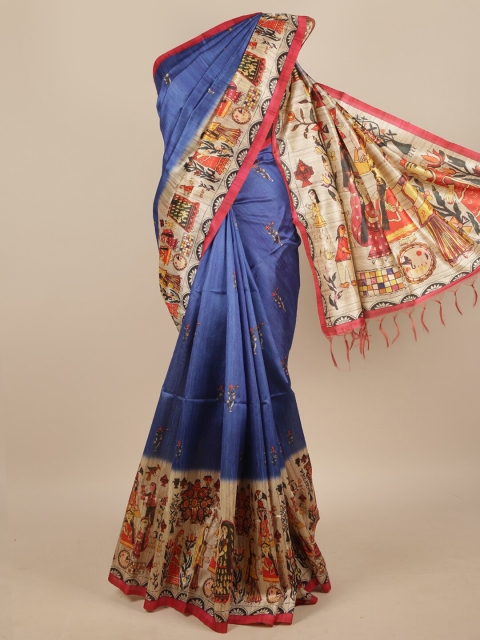 

Pothys Blue Ethnic Motifs Printed Jute Silk Saree