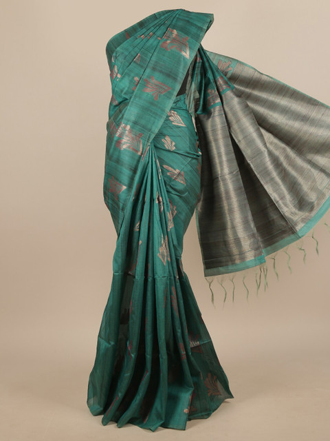 

Pothys Sea Green & Grey Woven Design Jute Silk Saree