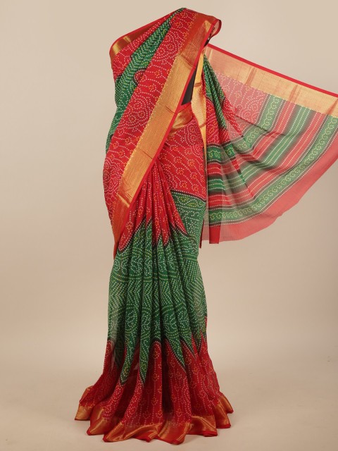 

Pothys Green & Red Bandhani Saree