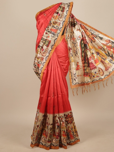 

Pothys Red & White Ethnic Motifs Printed Jute Silk Saree