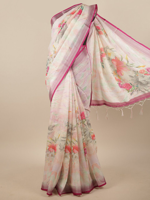 

Pothys Off White & Pink Floral Printed Linen Blend Saree
