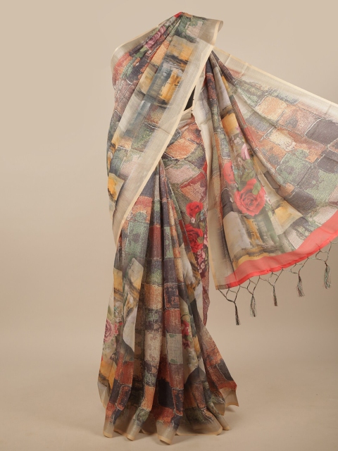 

Pothys Brown & Yellow Printed Linen Blend Saree