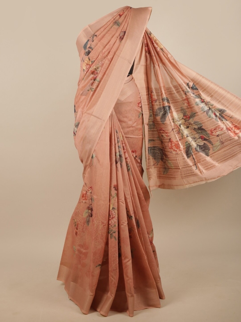 

Pothys Peach-Coloured & Grey Floral Printed Linen Blend Saree