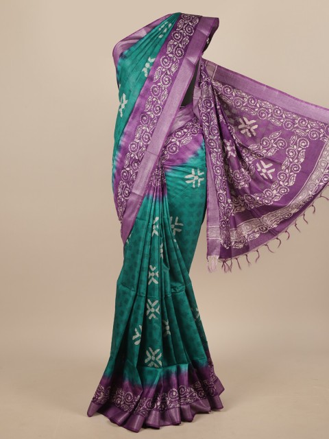 

Pothys Green & Purple Ethnic Motifs Printed Linen Blend Saree