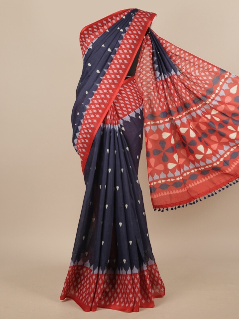 

Pothys Blue & Orange Printed Linen Blend Saree