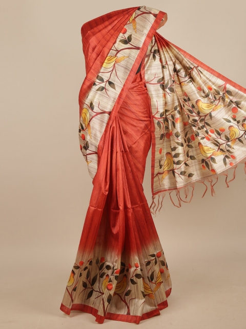 

Pothys Rust & Beige Floral Printed Jute Silk Saree