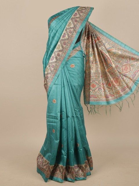 

Pothys Blue & Orange Ethnic Motifs Printed Jute Silk Saree