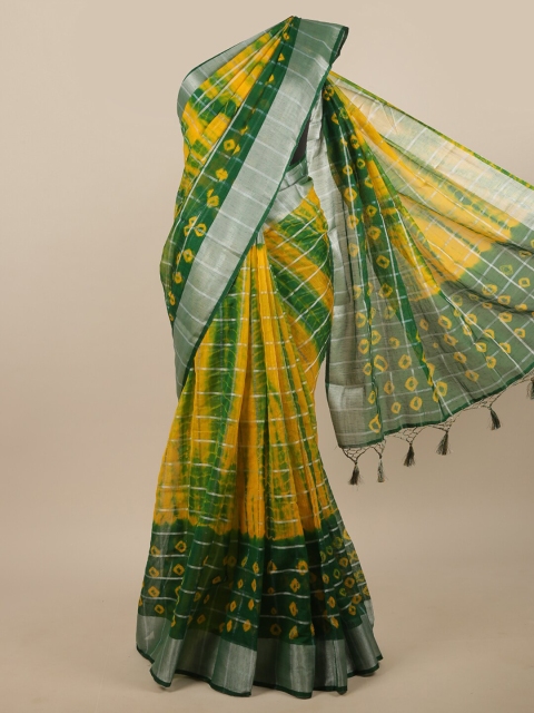 

Pothys Green & Yellow Printed Zari Linen Blend Saree