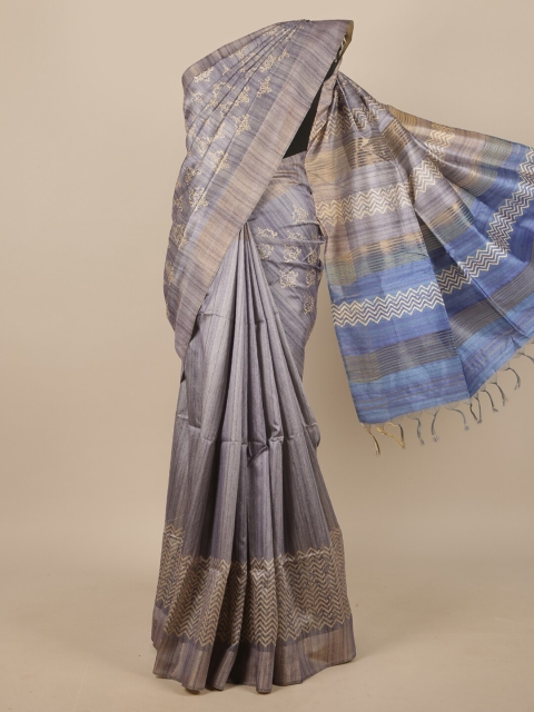 

Pothys Grey & Blue Ethnic Motifs Printed Jute Silk Saree