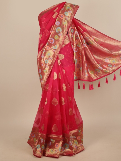 

Pothys Pink & Gold-Toned Woven Design Jute Silk Saree