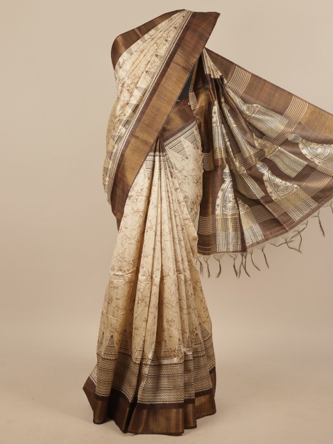 

Pothys Cream-Coloured & Brown Ethnic Motifs Printed Jute Silk Saree