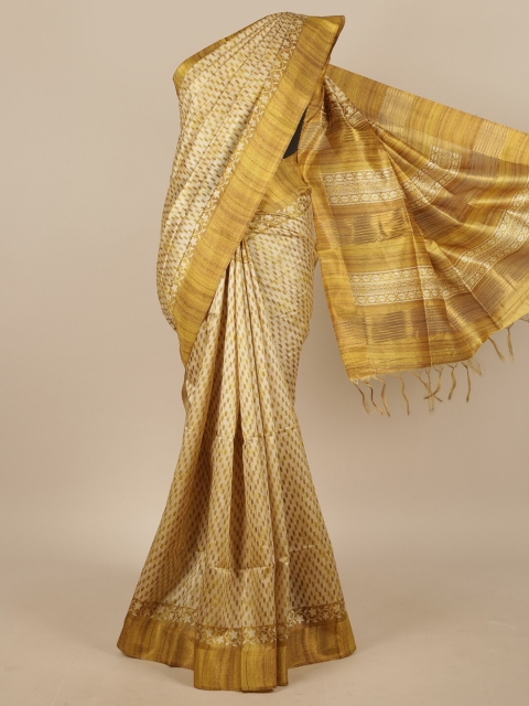 

Pothys Cream-Coloured & Olive Green Geometric Printed Jute Silk Saree