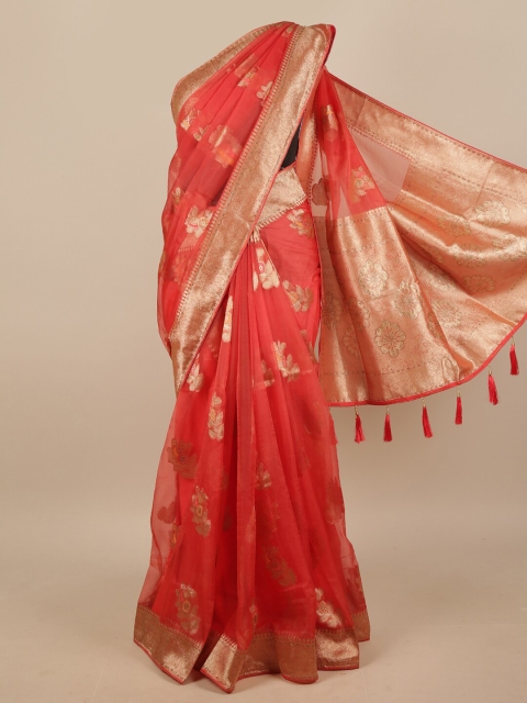

Pothys Coral & Gold-Coloured Ethnic Motifs Zari Jute Silk Saree