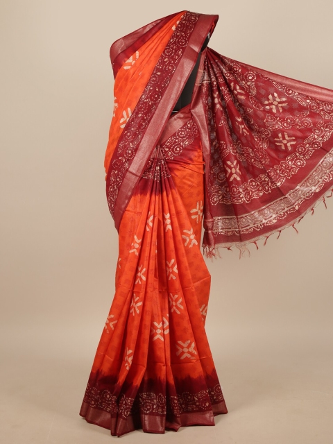 

Pothys Orange & Maroon Ethnic Motifs Printed Linen Blend Saree