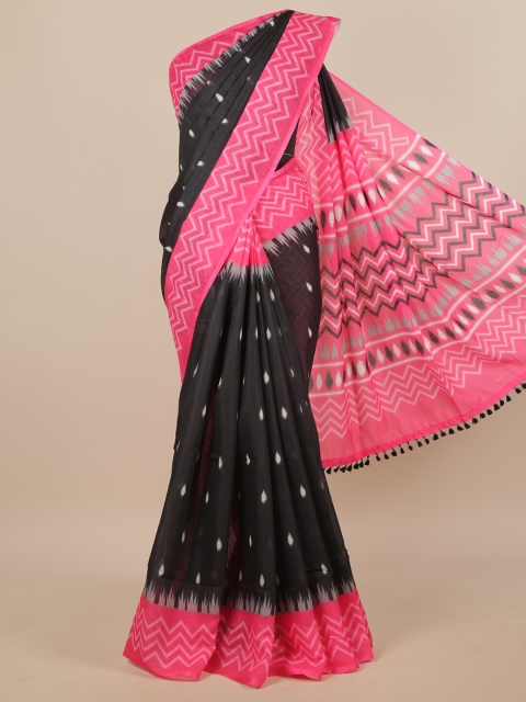 

Pothys Black & Pink Ethnic Motifs Printed Linen Blend Saree