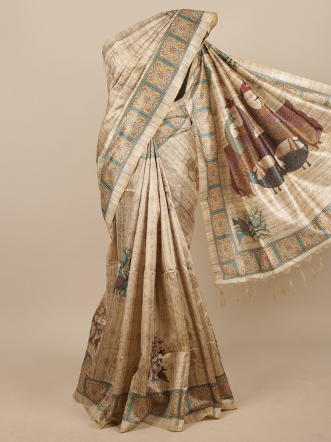 

Pothys Cream-Coloured & Green Ethnic Motifs Printed Jute Silk Saree