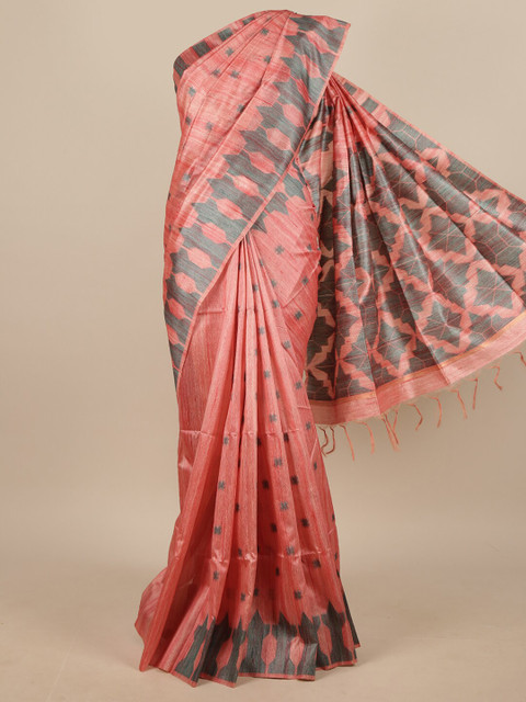 

Pothys Pink & Grey Ethnic Motifs Printed Jute Silk Saree
