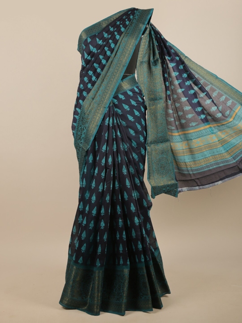 

Pothys Navy Blue & Green Ethnic Motifs Printed Saree