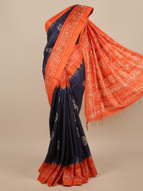 

Pothys Navy Blue & Orange Paisley Printed Linen Blend Saree