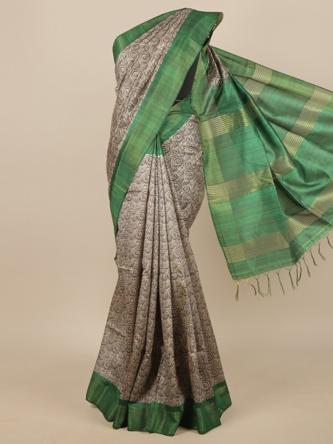 

Pothys Beige & Green Geometric Printed Jute Silk Saree
