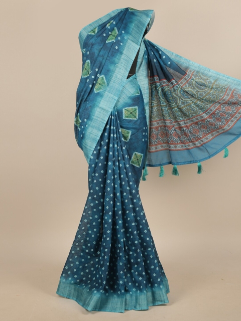 

Pothys Blue & Green Bandhani Printed Linen Blend Saree