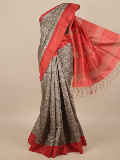 

Pothys Taupe & Red Geometric Printed Jute Silk Saree