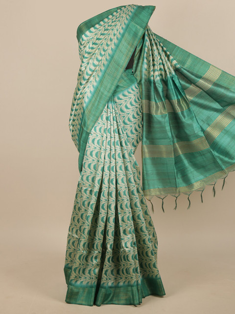 

Pothys Green & Beige Abstract Printed Jute Silk Saree