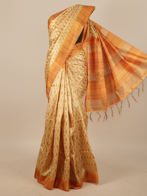 

Pothys Mustard Yellow & Beige Abstract Printed Jute Silk Saree