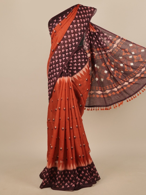 

Pothys Rust & Purple Ethnic Motifs Printed Linen Blend Saree