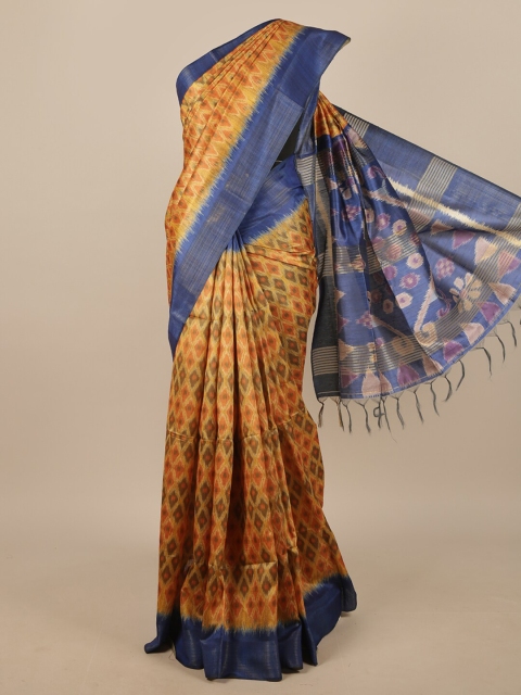 

Pothys Mustard Yellow & Blue Ethnic Motifs Printed Jute Silk Saree