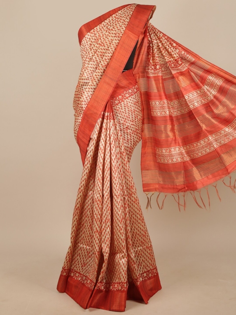 

Pothys Orange & Cream-Coloured Woven Design Jute Silk Saree