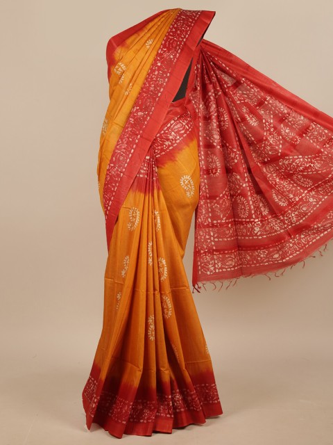 

Pothys Mustard & Red Ethnic Motifs Linen Blend Saree