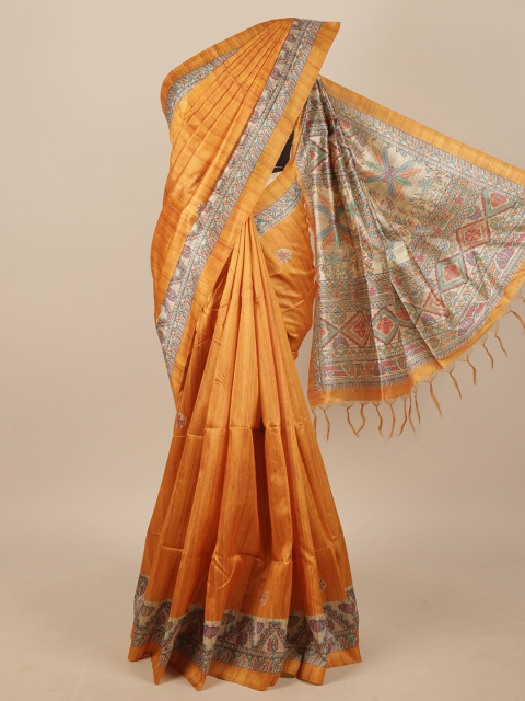 

Pothys Mustard Yellow & Beige Ethnic Motifs Printed Jute Silk Saree