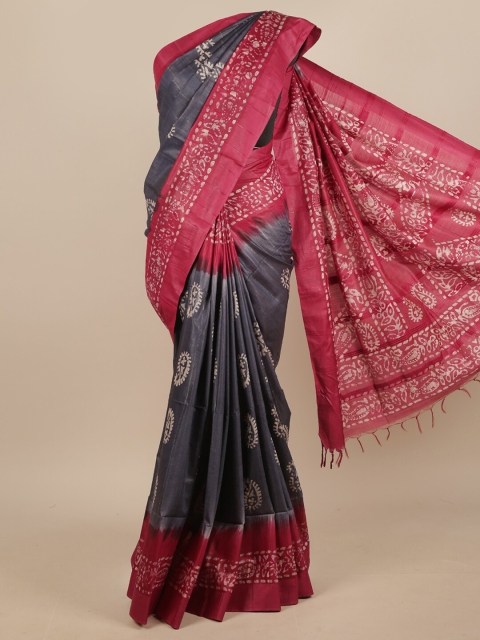 

Pothys Grey & Magenta Paisley Printed Linen Blend Saree