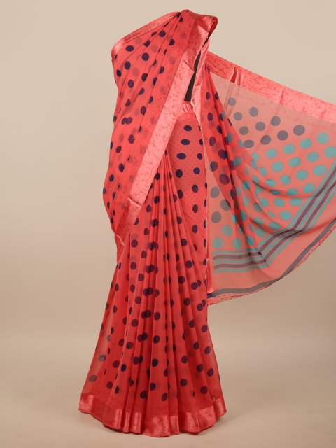

Pothys Coral & Navy Blue Polka Dots Printed Saree