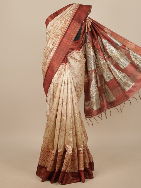 

Pothys Cream-Coloured & Red Abstract Printed Jute Silk Saree