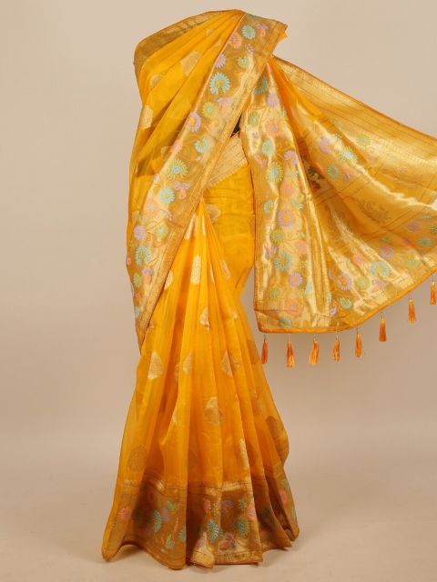 

Pothys Yellow & Turquoise Blue Ethnic Motifs Zari Jute Silk Saree