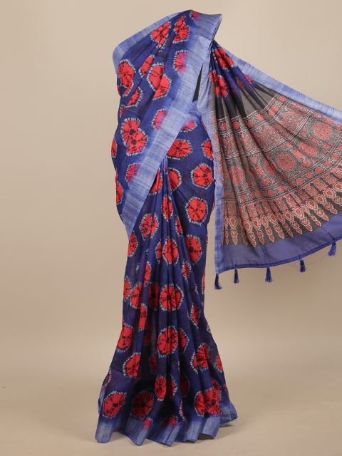 

Pothys Blue & Red Bandhani Printed Linen Blend Saree