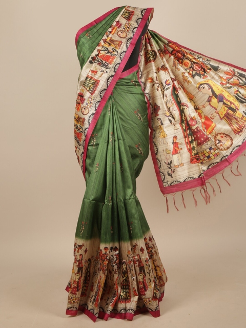 

Pothys Green & Fuchsia Ethnic Motifs Printed Jute Silk Saree