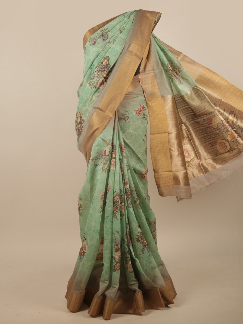 

Pothys Green & Pink Floral Printed Linen Blend Saree
