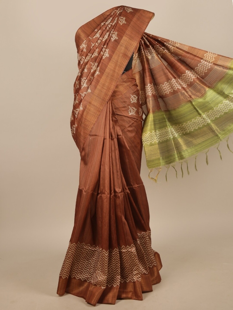 

Pothys Rust & Green Ethnic Motifs Printed Jute Silk Saree